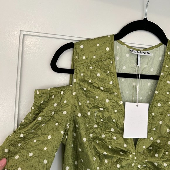 NWT Ganni Satin V-Neck Maxi Dress Sz 38 Going Green Cut-out Shoulder Front Slit - Picture 5 of 12